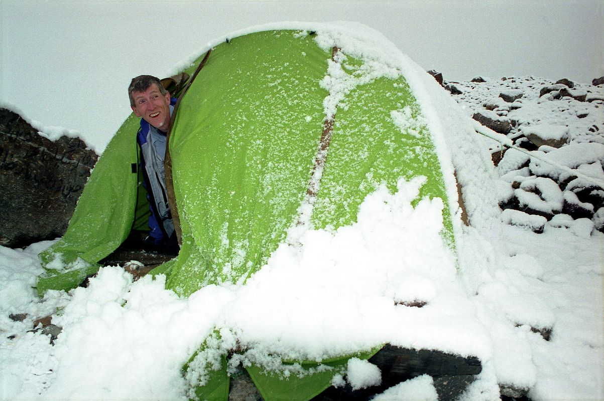 24 Jerome Ryan Wakes Up To Snowfall At Concordia The next day I poked my head out of my tent at Concordia to see a snowfall. I talked to my guide Iqbal and he said that even if the snow ended by the end of the day, wed probably have to wait a few days for the trail to base camp to be safe. But, Nanga Parbat beckoned, so I decided to retreat.